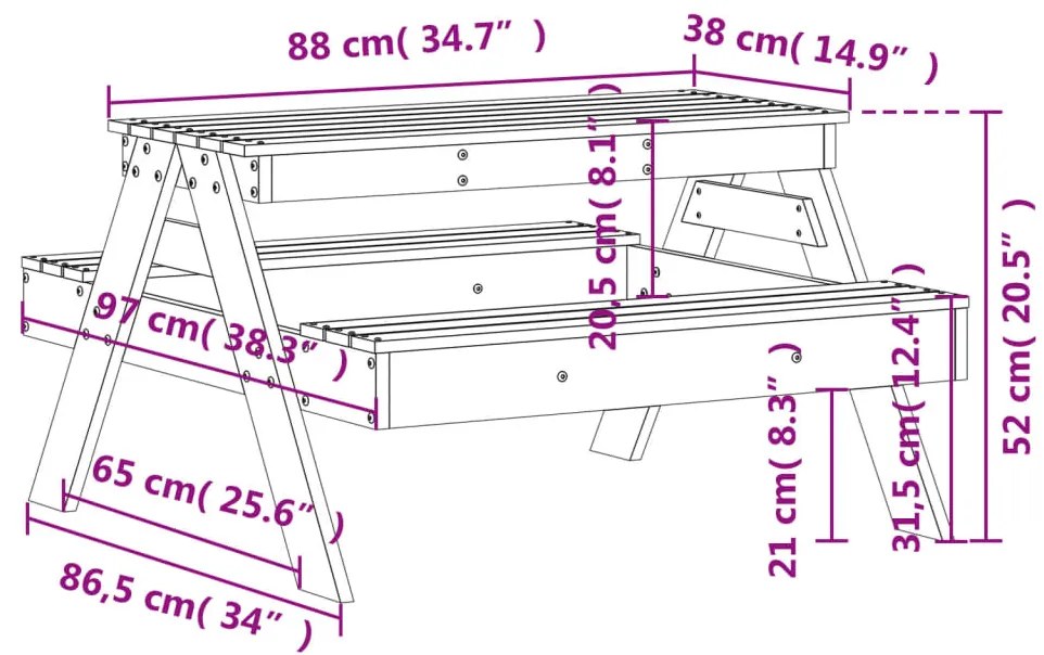 Mesa de piquenique p/ crianças 88x97x52 cm pinho maciço branco