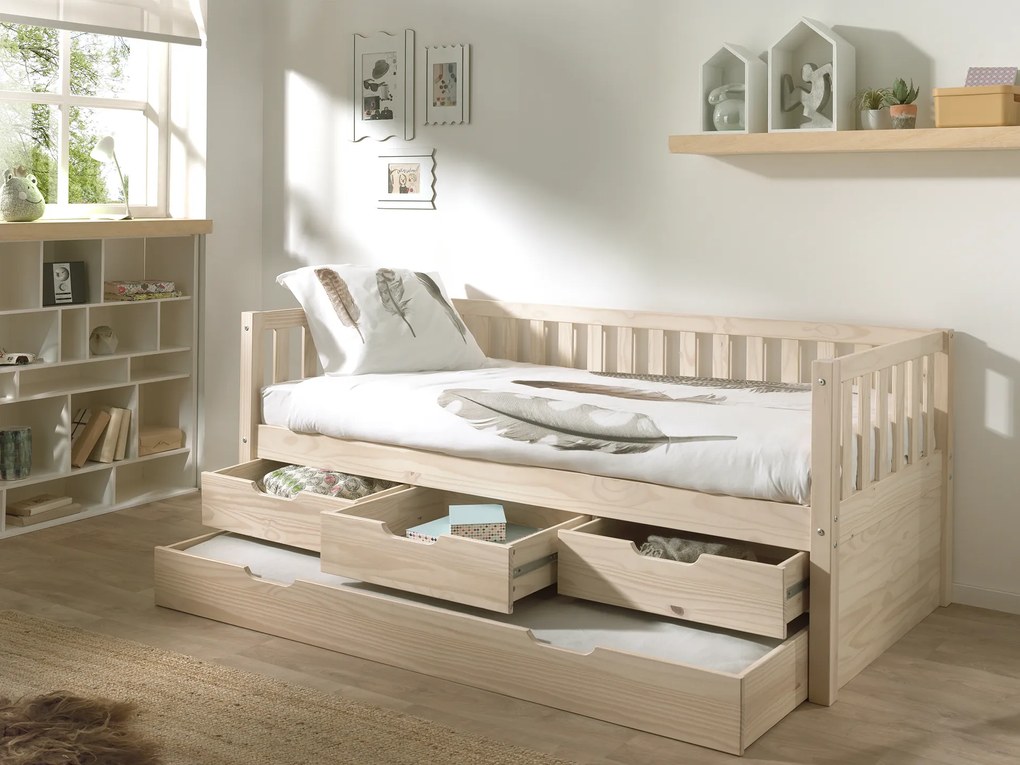 Cama infantil FRITZ (90x200) com 3 gavetas + Gaveta inferior + Estrado Natural
