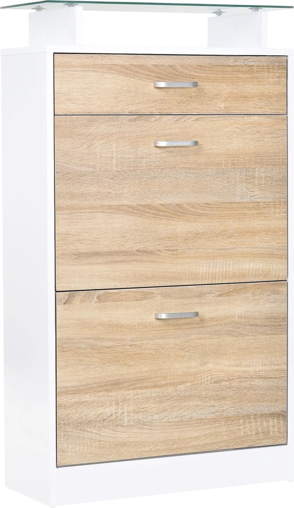 Sapateira de 2 Portas Sapateira Estreito para 12 Pares de Sapatos com Gaveta e Bancada de Vidro  60x24x105,5cm Branco
