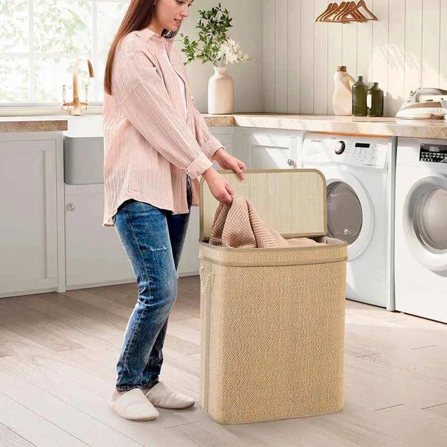 Cesto para roupa suja de 90 litros 49 x 33 x 61 cm em bambu com tampa, cor natural