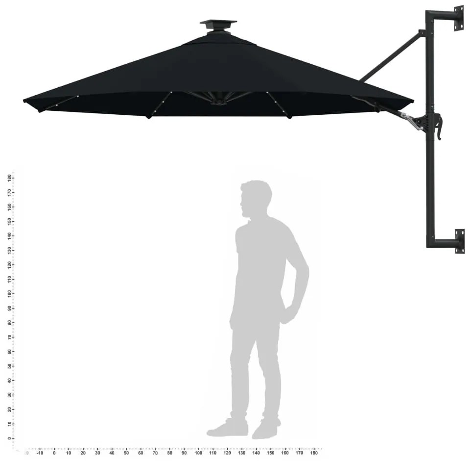 Guarda-sol para jardim de parede com luzes LED 300 cm preto