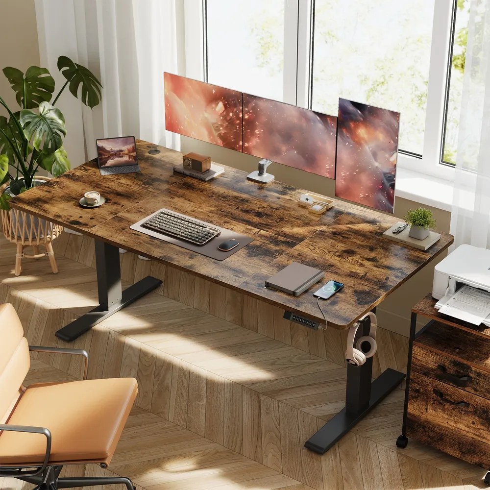 Secretária elétrica com regulação elétrica da altura, 160 x 80 x (72-120) cm, com porta USB-C castanho