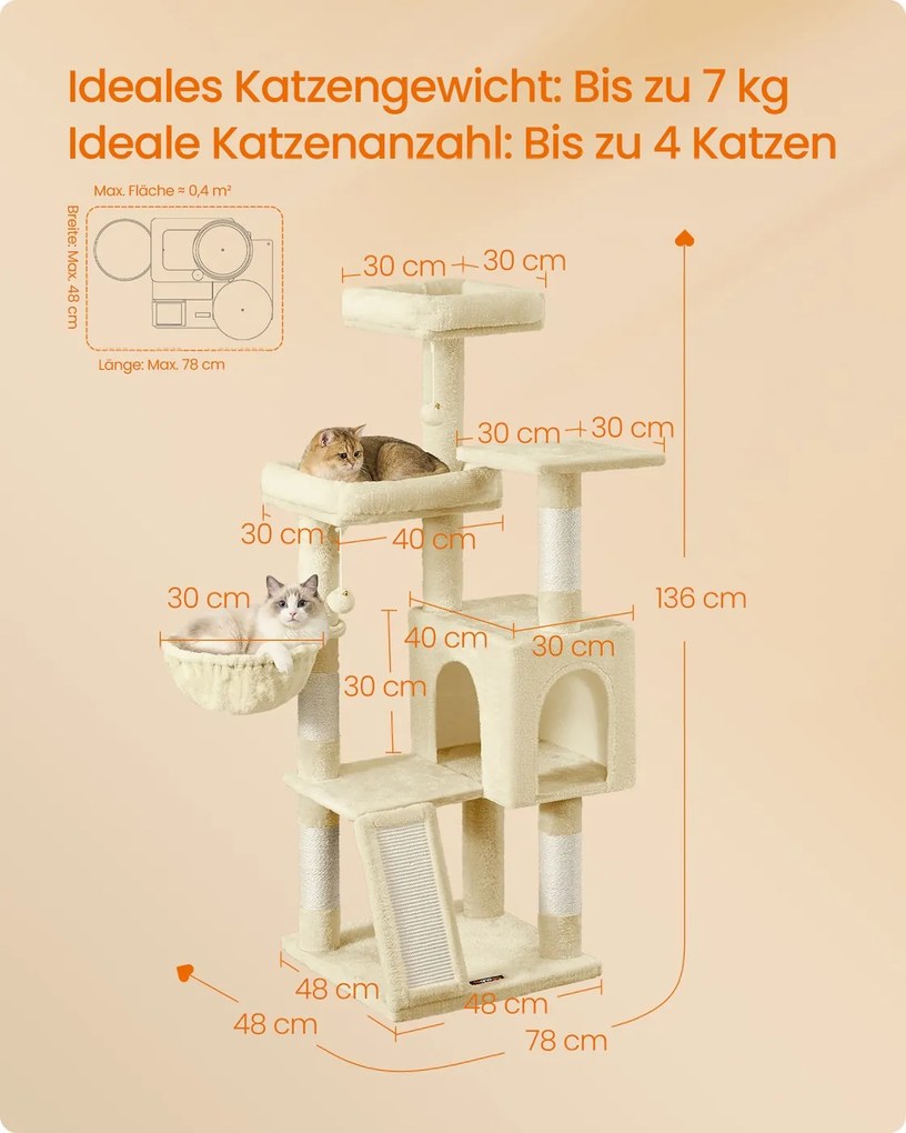 Arranhador para gatos 48 x 48 x 136 cm com 3 plataformas, cor bege