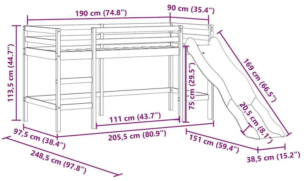 Cama alta p/ criança c/ escorrega 90x190 cm pinho maciço branco
