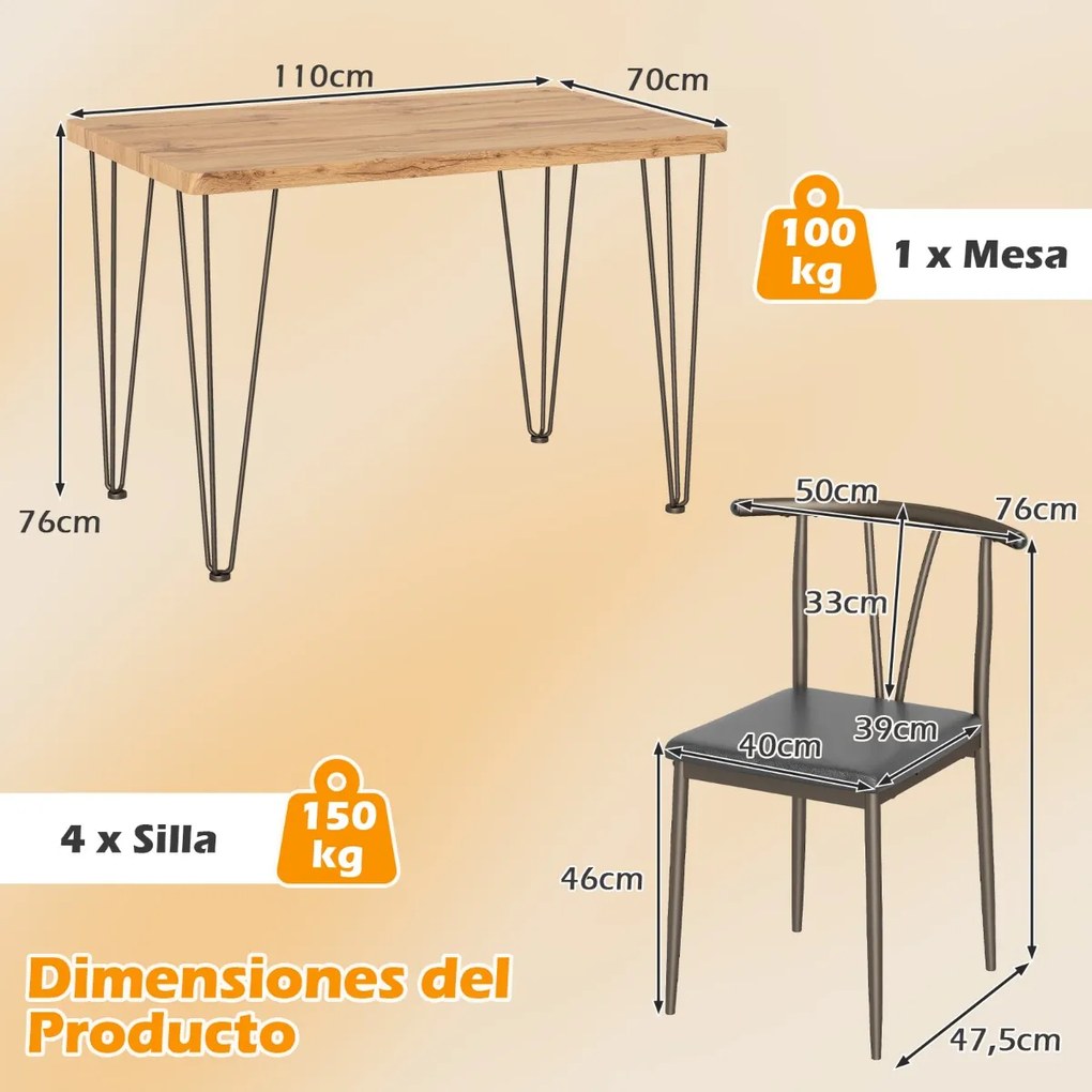 Conjunto de mesa de jantar de 5 peças Mesa retangular industrial com 4 cadeiras e Estrutura metálica Carvalho Rústico + Preto