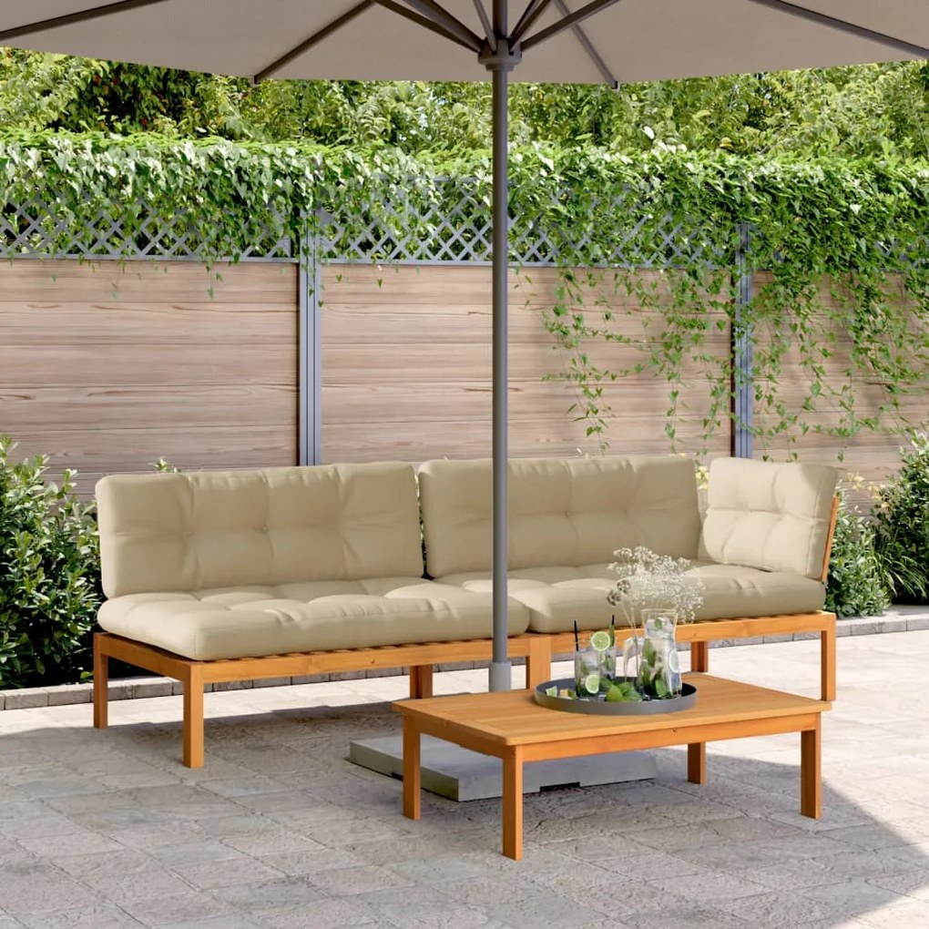 vidaXL 3 pcs móveis de paletes p/ jardim c/ almofadões acácia maciça