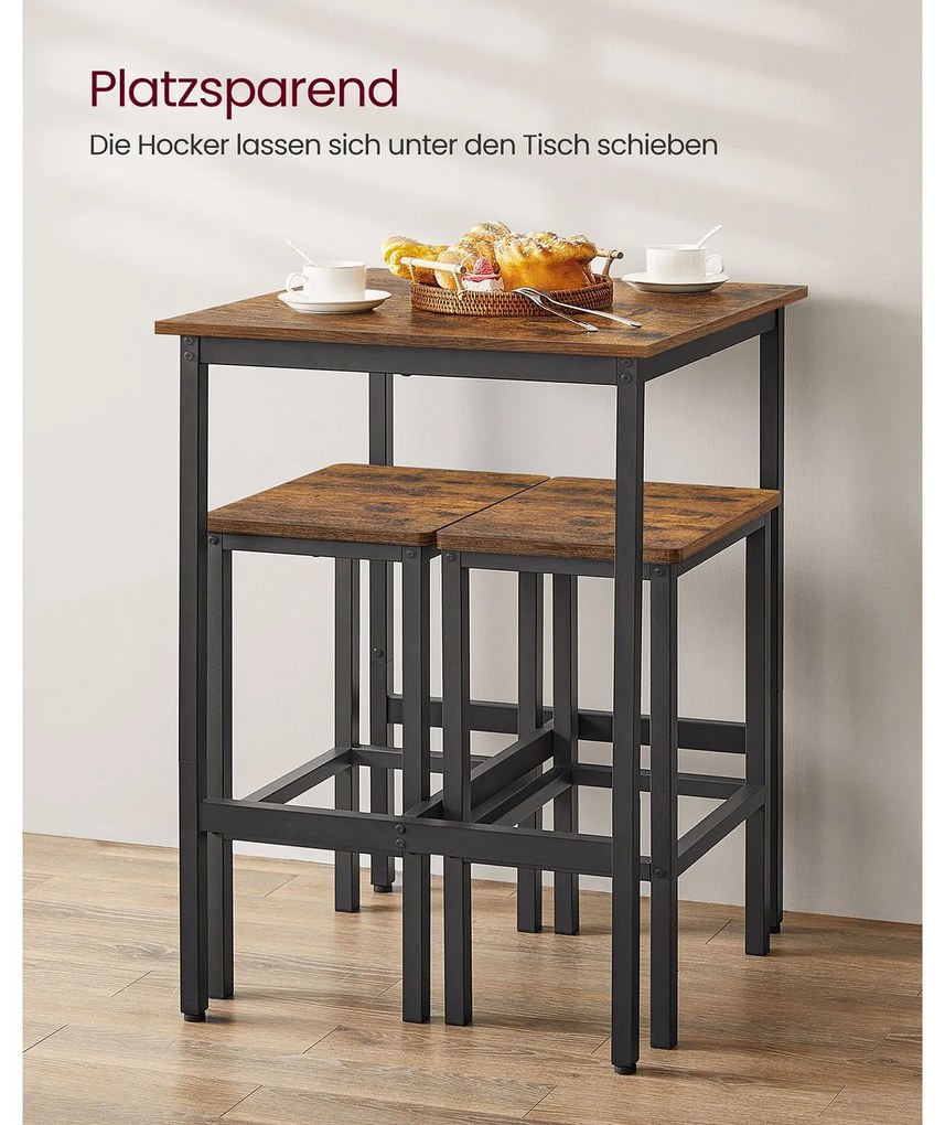 Mesa de bar com 2 bancos para cozinha Castanho Vintage e Preto