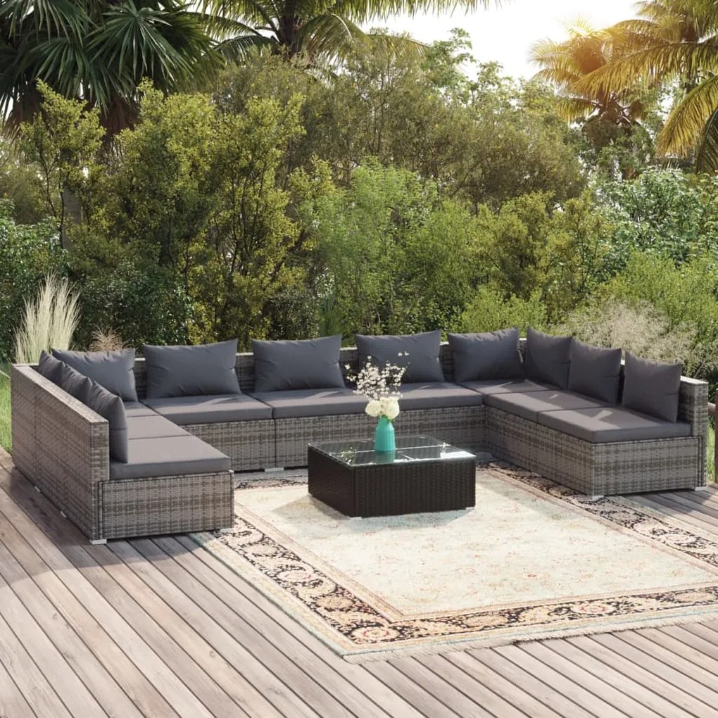 vidaXL 10 pcs conjunto lounge de jardim c/ almofadões vime PE cinzento