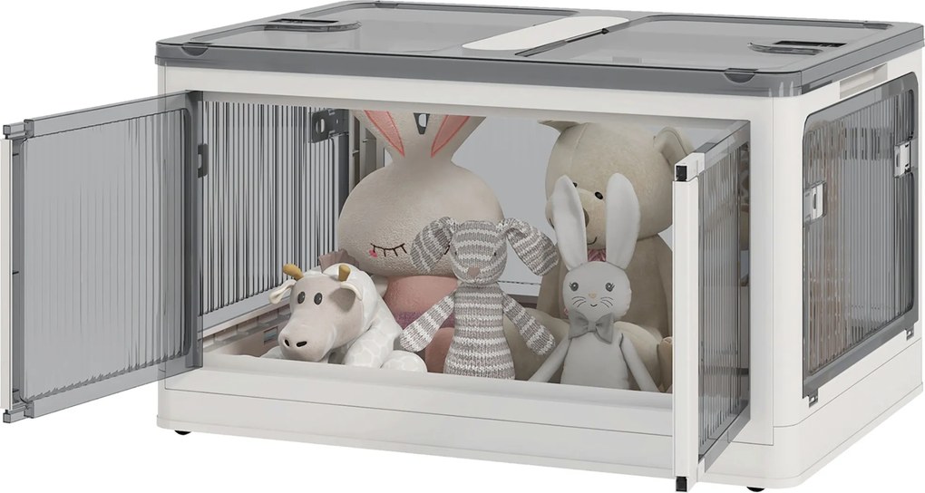 Caixa de arrumação dobrável e empilhável de 99 L em plástico 67 x 47 x 38 cm, com tampa e 4 Rodas, acesso pelos 5 lados, branca