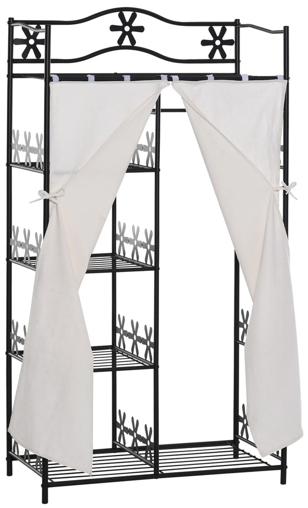 HOMCOM Arara para Quarto Adulto Arara de Roupa Vestuário Closet Múltiplos Compartimentos 5 prateleiras 84L x 42P x 159A cm metal Preto 2 Cortinas Brancas | Aosom Portugal