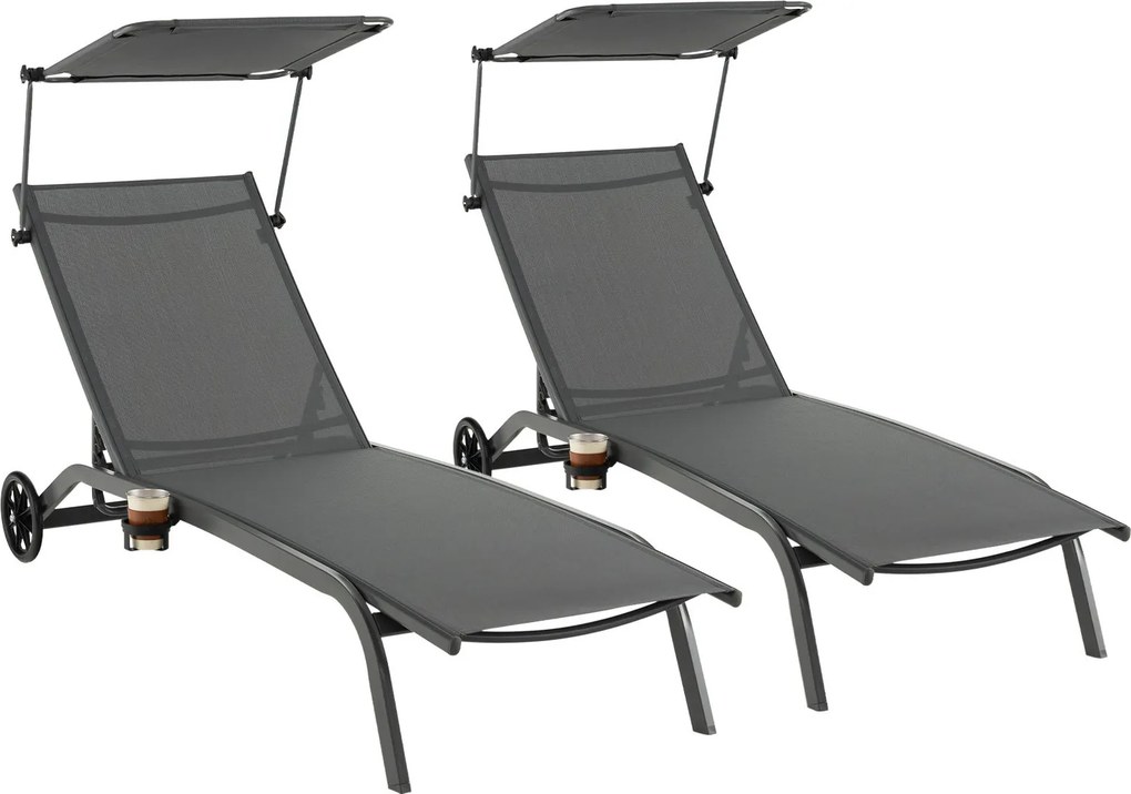 Conjunto de 2 Espreguiçadeiras Reclináveis, 191 x 61 x 96 cm, Toldo Ajustável, Cinzento