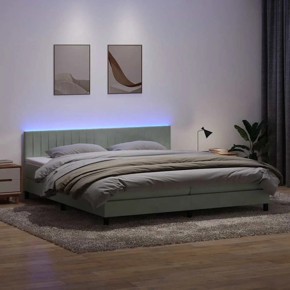 vidaXL Cama box spring c/ colchão e LED 200x220 cm veludo cinzento-claro