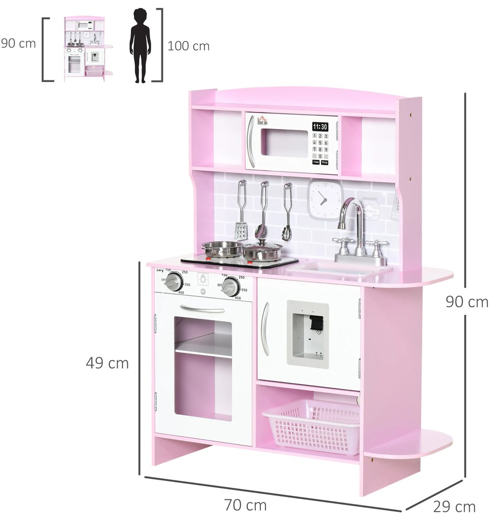 HOMCOM Cozinha Infantil para Crianças acima de 3 Anos Cozinha Infantil com Luzes Sons Lavatório Fogão Dispensador de Água e Forno 70x29x90cm Rosa