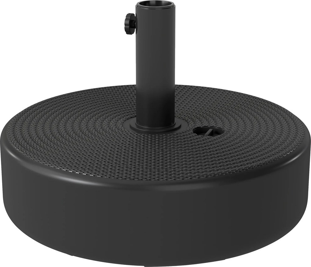 Base para guarda-sol Ø 45 x 30,5 cm de exterior. Pode ser enchida com até 19 kg de areia ou 15 kg de água, preta