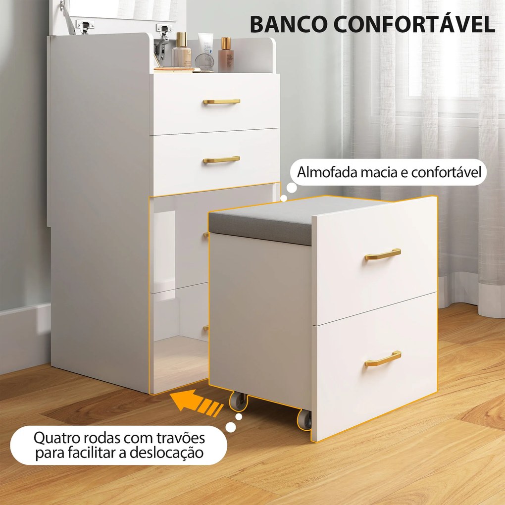 Toucador de Maquilhagem 3 em 1 com Banco Mesa de Maquilhagem com Espelho Gavetas e Bancada de Vidro Visível Toucador Moderno para Quarto 48x40x90 cm B