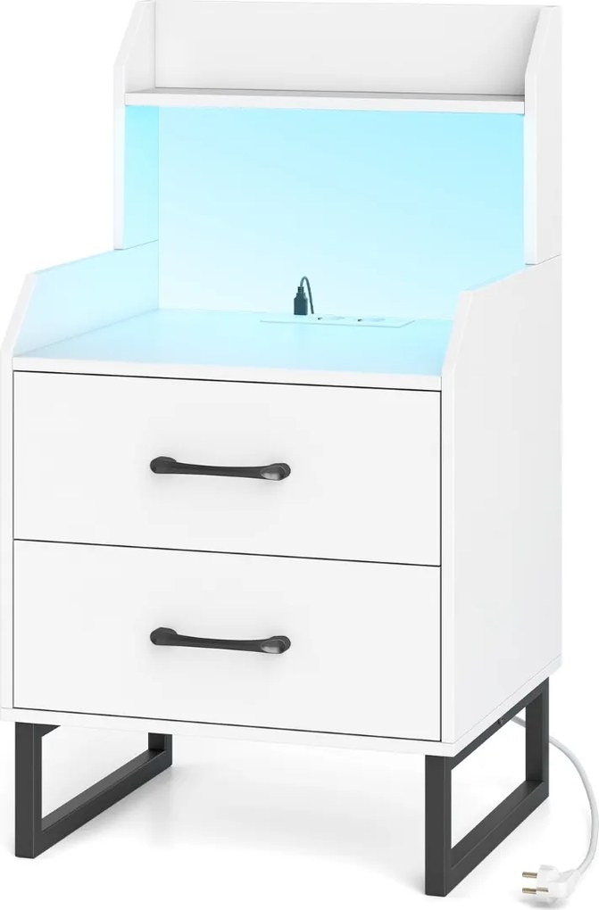 Mesa de cabeceira com estação de carregamento integrada, luzes LED, 2 gavetas e prateleira aberta para quarto, corredor ou sala, branca