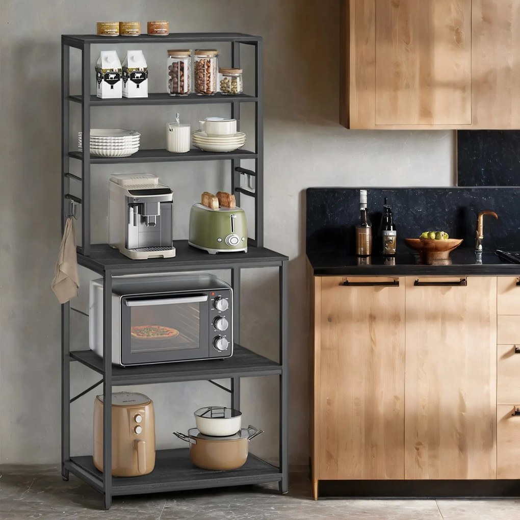 Estante de cozinha com 6 prateleiras e 6 ganchos 40 x 60 x 167 cm cinza antracite + preto