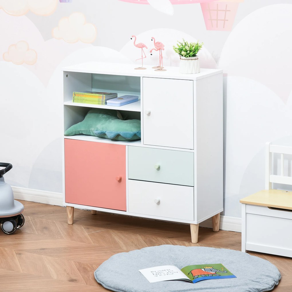 Móvel Infantil Cómoda para Crianças com 2 Compartimentos 2 Gavetas e 2 Armários para Armazenamento de Livros Brinquedos Roupa 80x30x85cm Coral Verde Menta Branco