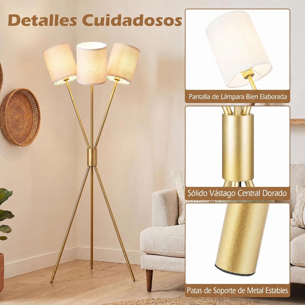 Candeeiro de Pé com Tripé, 58,5 x 57 x 160 cm, 3 Abajures de Tecido, Dourado