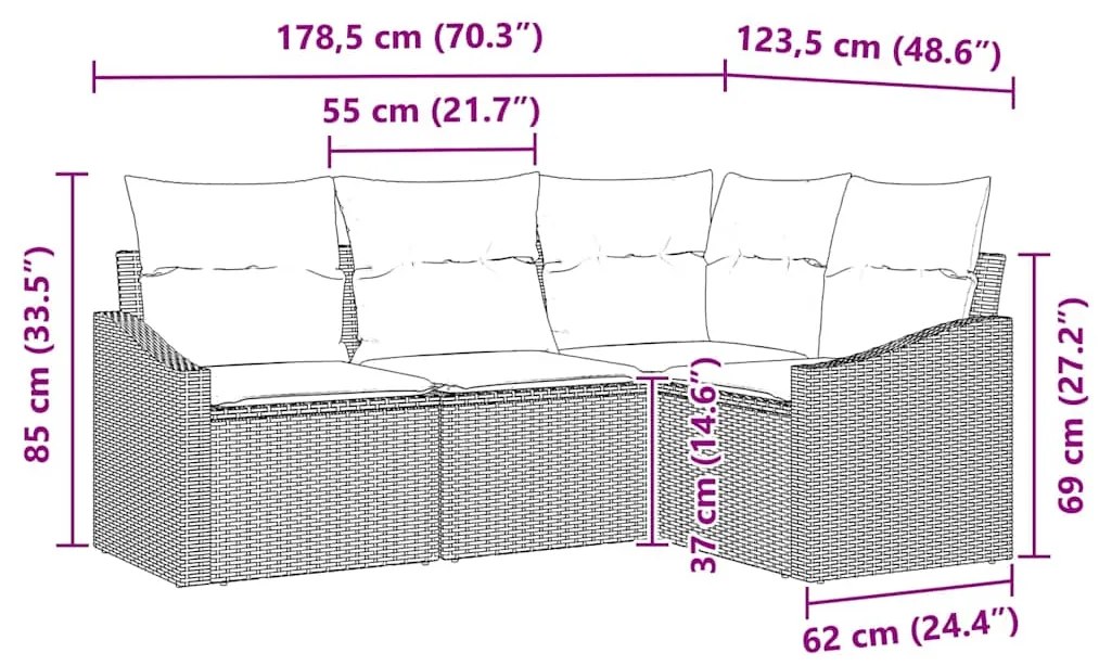 Conjunto de Sofá de Jardim com 4 Peças e Almofadas Bege em Rattan Sint