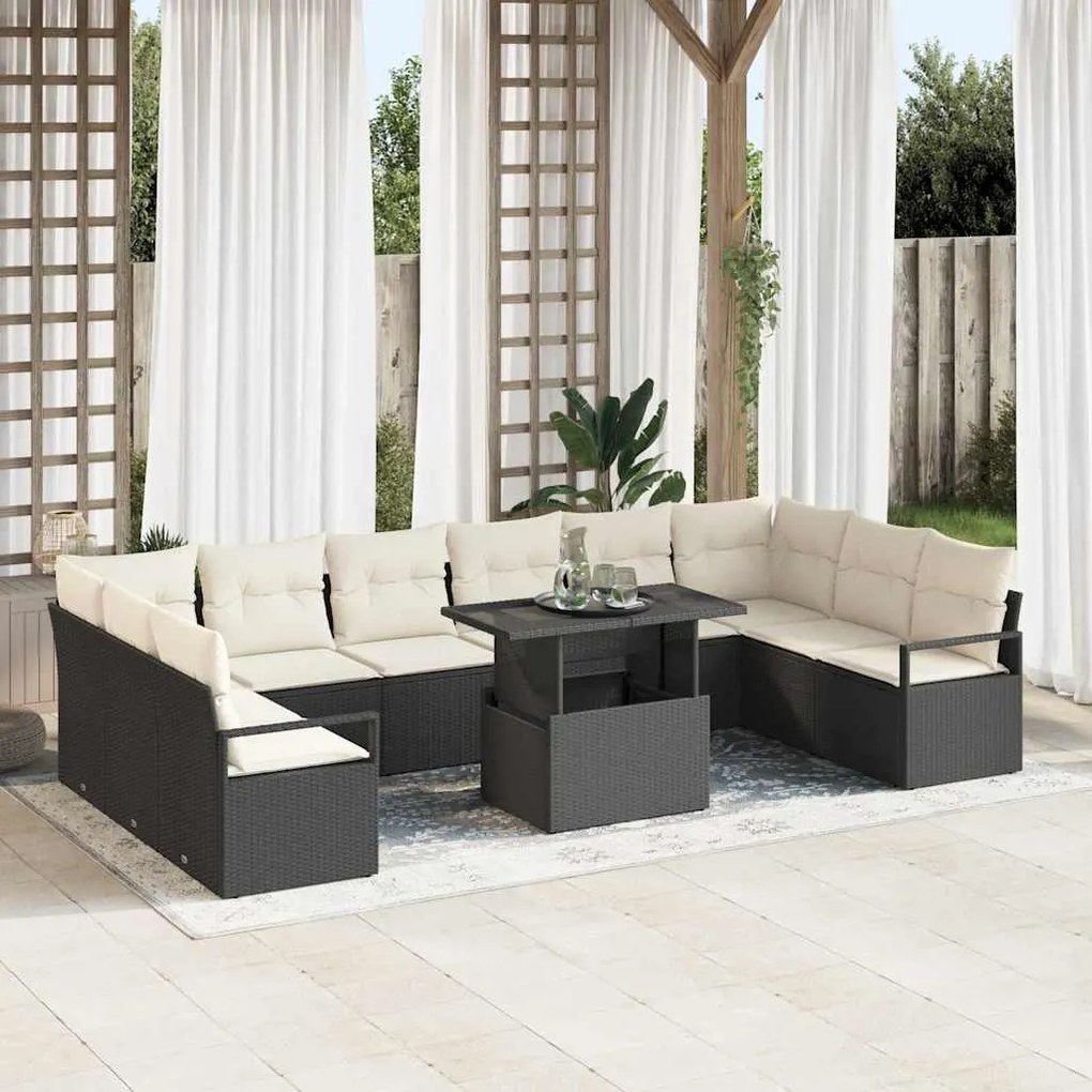 vidaXL Conjunto de Sofá de Jardim 11 pcs Preto e creme vime PE