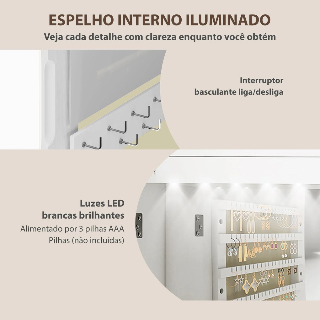 Espelho para Joias com Luz LED Montado na Parede ou na Porta com Fechadura Espelho de Corpo Inteiro 2 Gavetas Branco