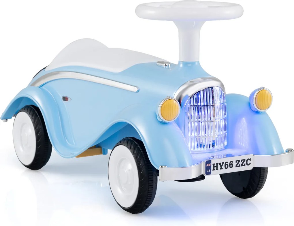 Andarilho montar carro clássico deslizante com volante, buzina, luz LED e espaço de armazenamento sob o assento para crianças de 19 a 36 meses, azul