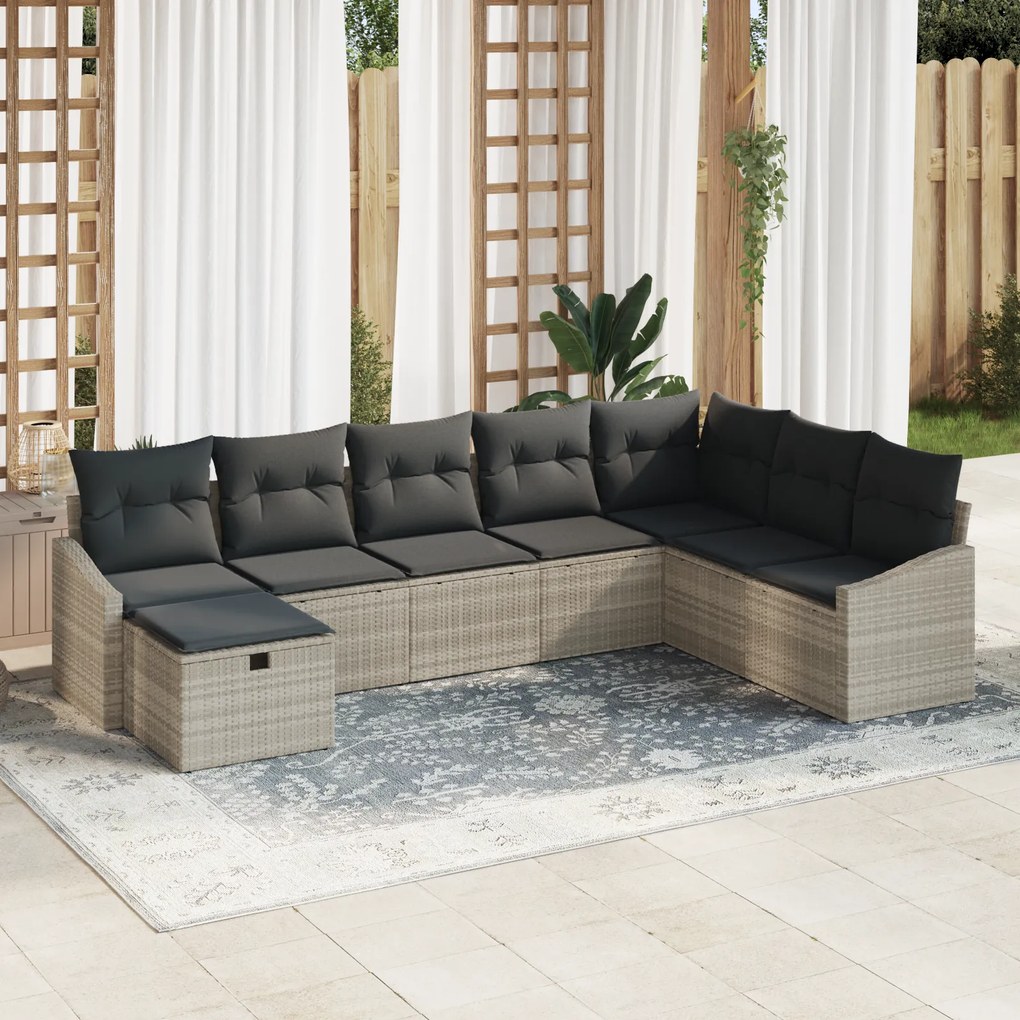 Conjunto de Sofá de Jardim com 8 Peças e Almofadas Cinza Claro em Ratt