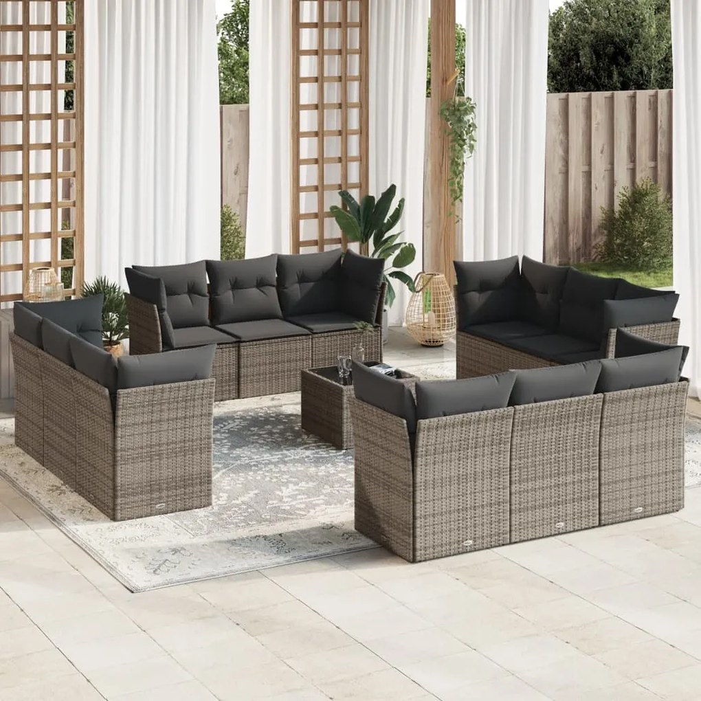 13 pcs conjunto sofás p/ jardim c/ almofadões vime PE cinzento