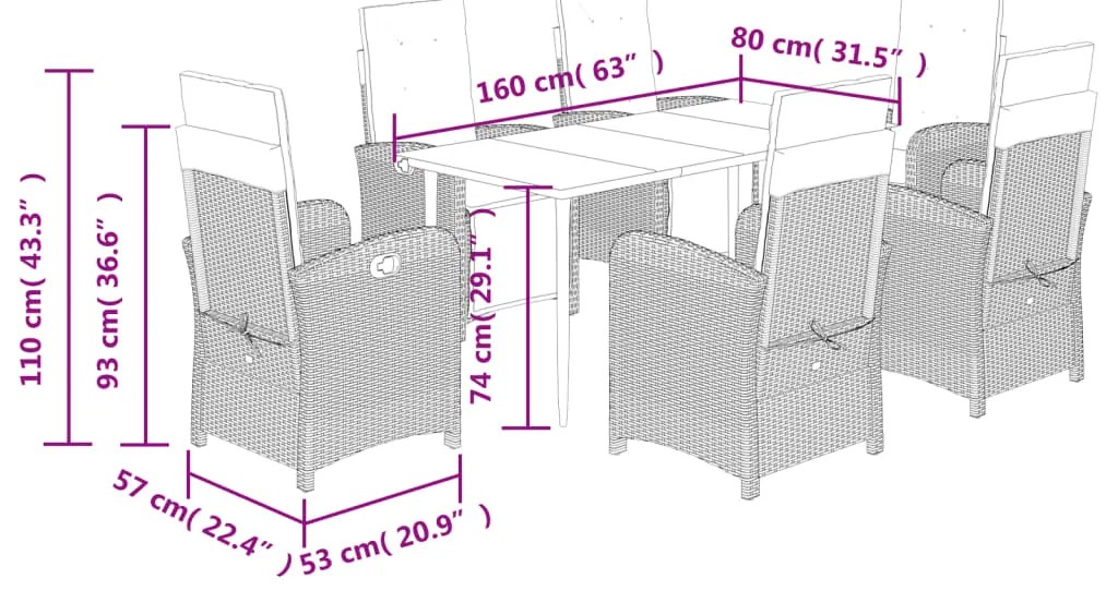 7 pcs conjunto de jantar p/ jardim c/ almofadões vime PE preto