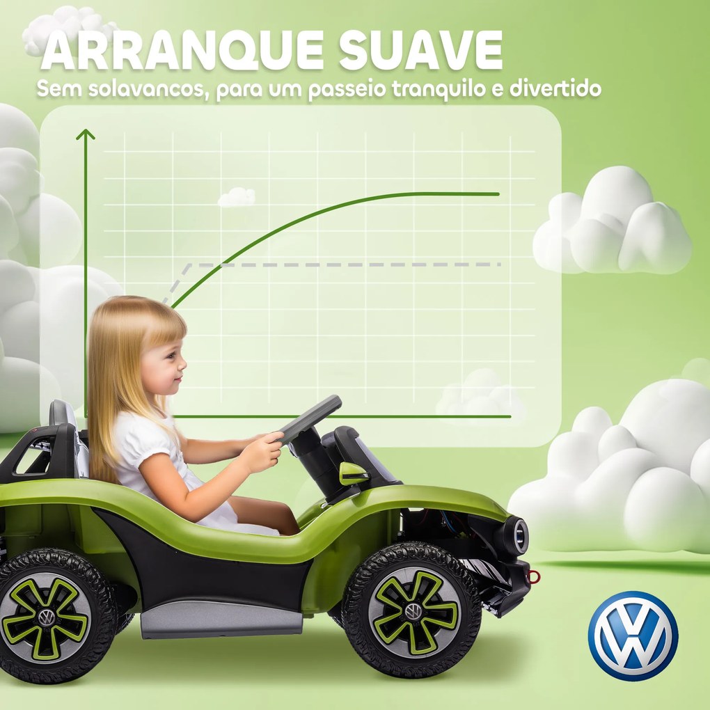 Carro Elétrico para Crianças Volkswagen E-Buggy Bateria 12V com Controlo Remoto 2,4 G Faróis LED Música USB 98x56,5x47 cm Verde