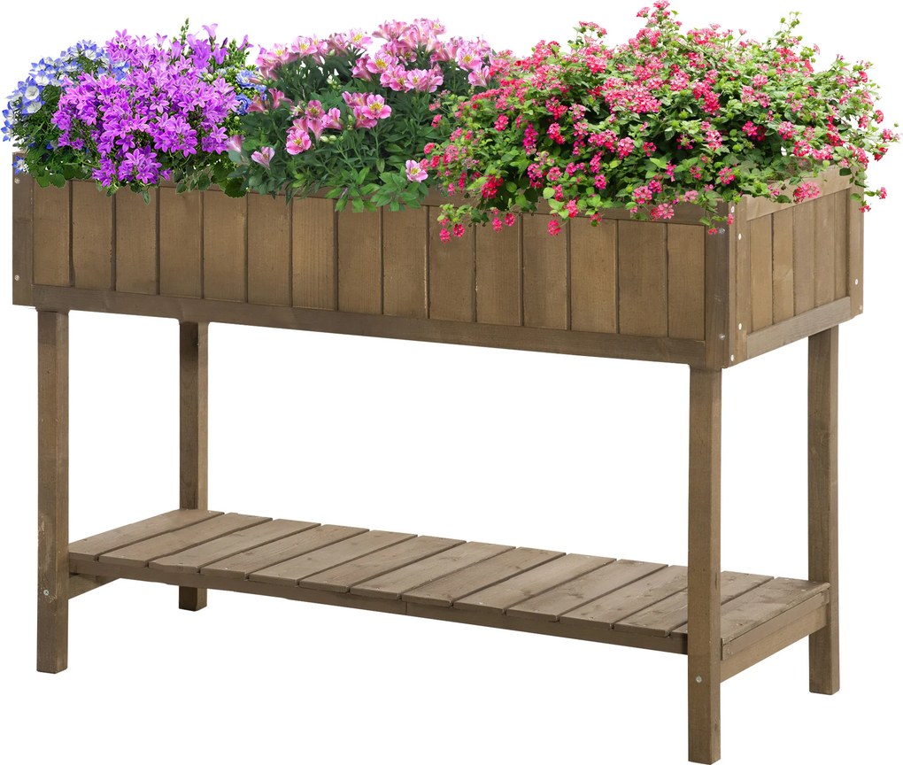 Floreira com pés, para horta, com prateleiras,110 x 46 x 76 cm, 8 compartimentos, sistemas de irrigação integrados, madeira de abeto castanha