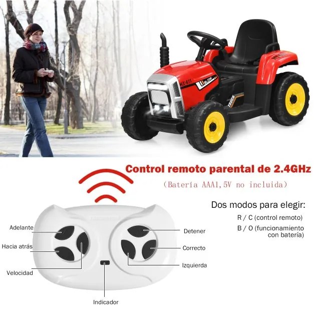 Trator com reboque para crianças bateria 12V com controlo remoto 2,4 G 3 mudanças e luzes LED até 30 kg 135 x 51 x 53 cm Vermelho