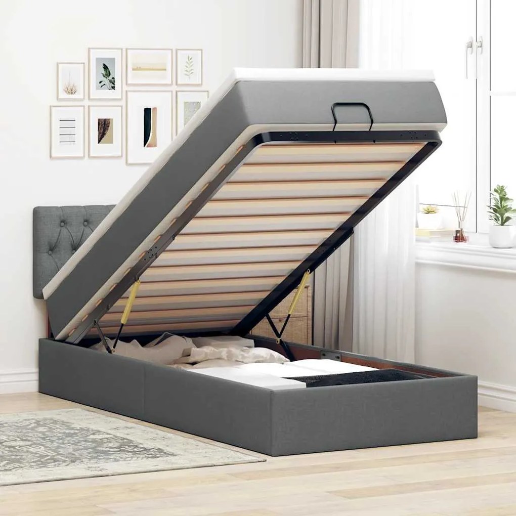 Cama otomana com colchão 90x200 cm tecido cinzento escuro