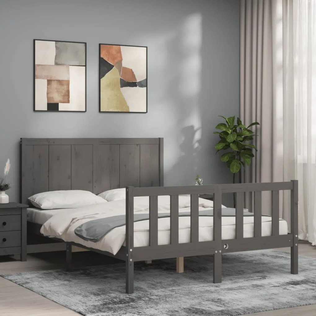 Estrutura de cama com cabeceira 140x190 cm madeira maciça cinza