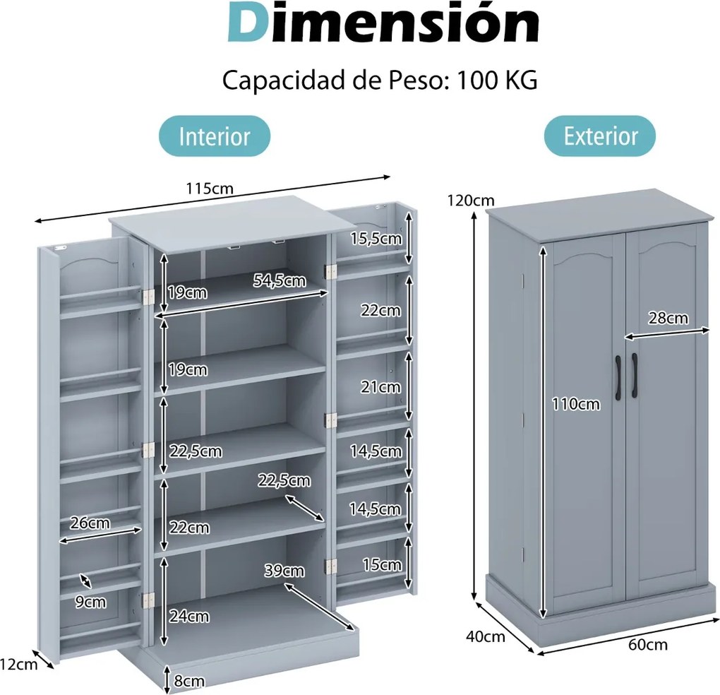 Armário de despensa cozinha com 2 portas e 16 prateleiras Dispositivos antivolto Armário moderno para sala de jantar 60 x 40 x 120 cm Cinza