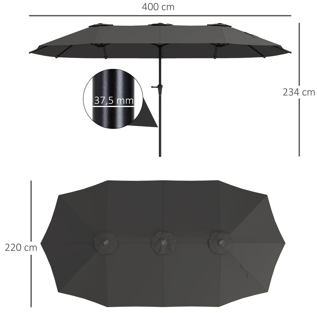 Chapéu de Sol Duplo 4x2,2 m Chapéu de Sol para Jardim com Manivela Manual Impermeável e Proteção UV30+ Cinza Escuro