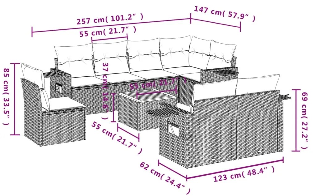 9 pcs conjunto de sofás p/ jardim c/ almofadões vime PE preto