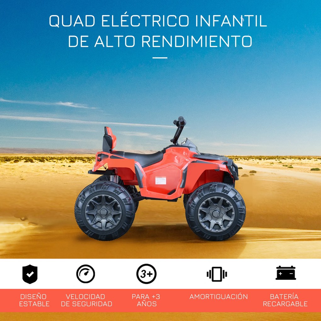 HOMCOM Quadriciclo Elétrico Infantil para Crianças de 3-6 Anos com Bateria 12V MP3 Rádio Luzes Carga Máxima 30kg 103,5x69,5x70cm Vermelho