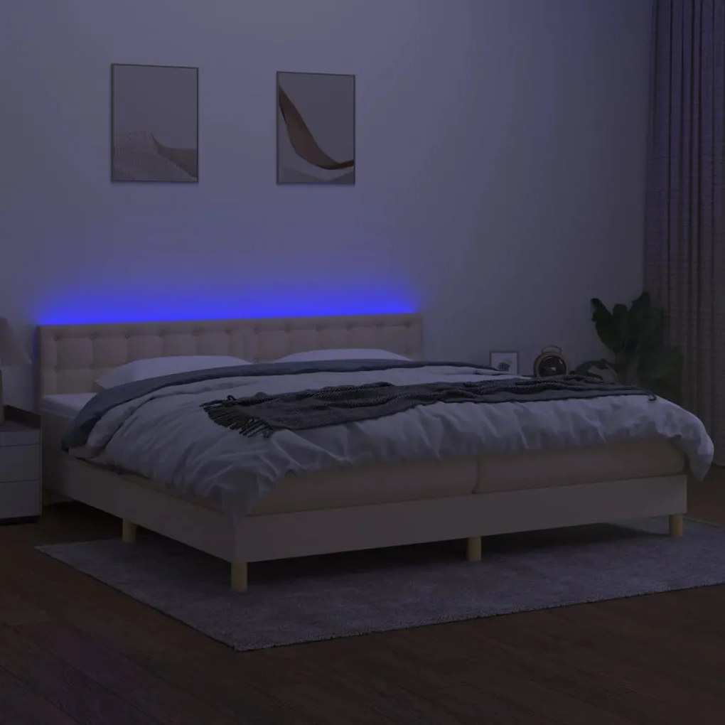 Cama box spring c/ colchão e LED 200x200 cm tecido cor creme