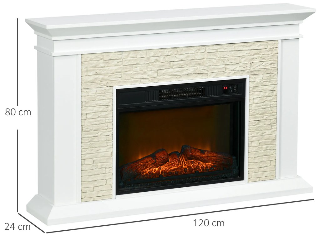 Lareira Elétrica 1800W com Efeito de Chama Temporizador Semanal e Proteção Contra Superaquecimento 120x24x80 cm Branco