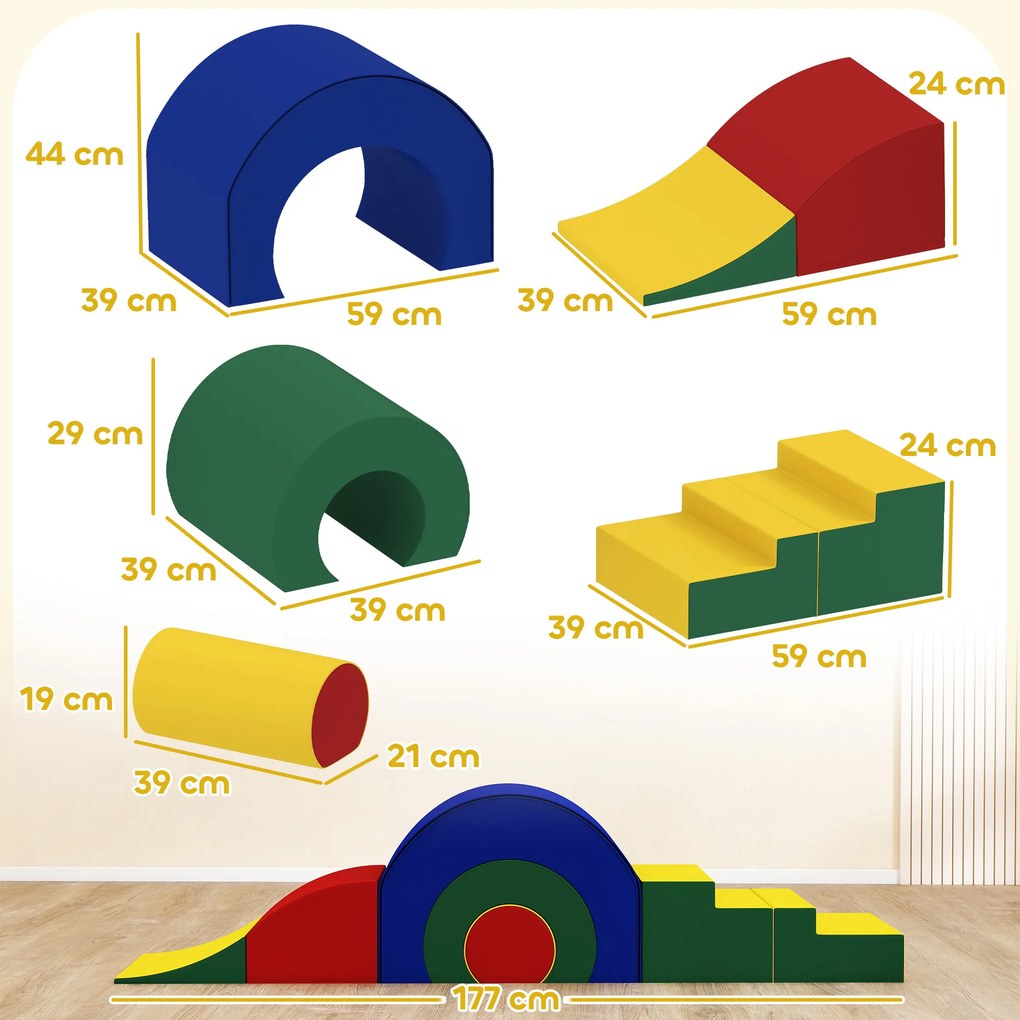 Percurso de motricidade para bebés – brinquedos de escalada modulares com 5 blocos gigantes de espuma, 181 x 39 x 44 cm, multicolorido