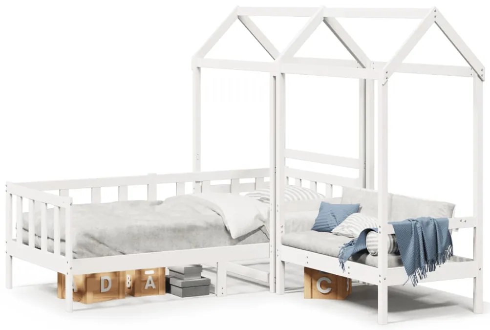 Conj. sofá-cama e banco c/ telhado 80x200cm pinho maciço branco