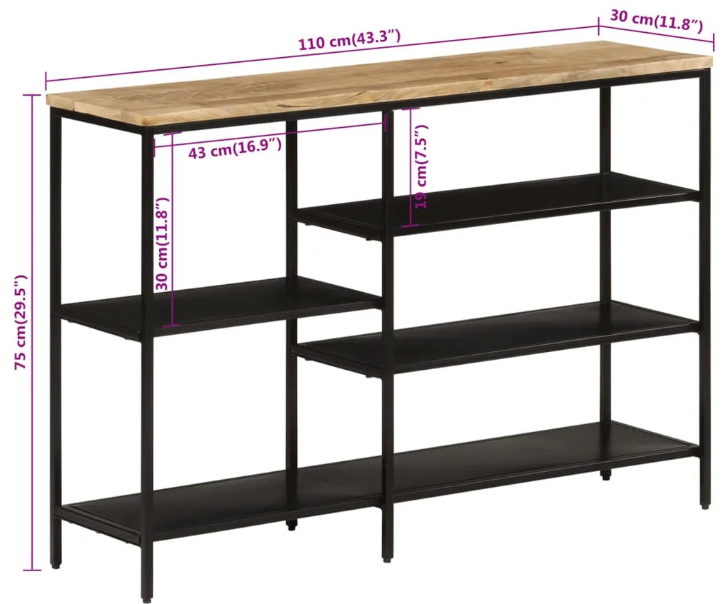 Mesa consola 110x30x75 cm madeira mangueira áspera maciça/ferro