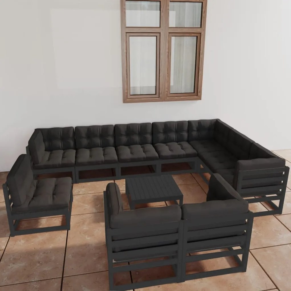 11 pcs conjunto longue jardim c/ almofadões pinho maciço preto