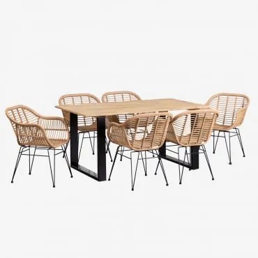 Conjunto De Mesa Retangular De Madeira (160x90 Cm) Melina E 6 Cadeiras De Jardim Em Vime Sintético Zole Preto - Sklum