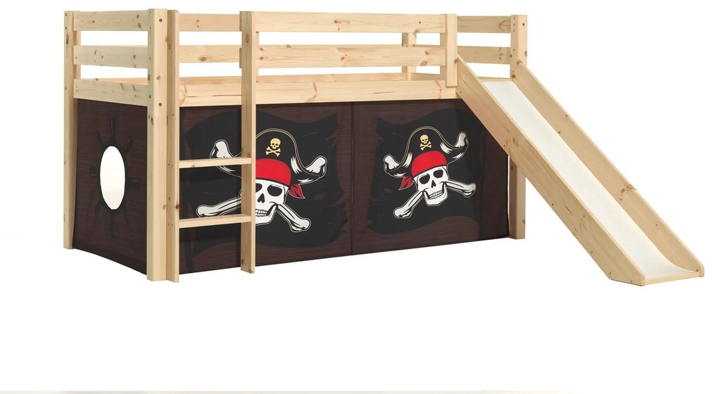 Cama alta de Criança PINO 90 x 200 cm + estrado + escada + escorrega + cortina Piratas das caraibas Natural