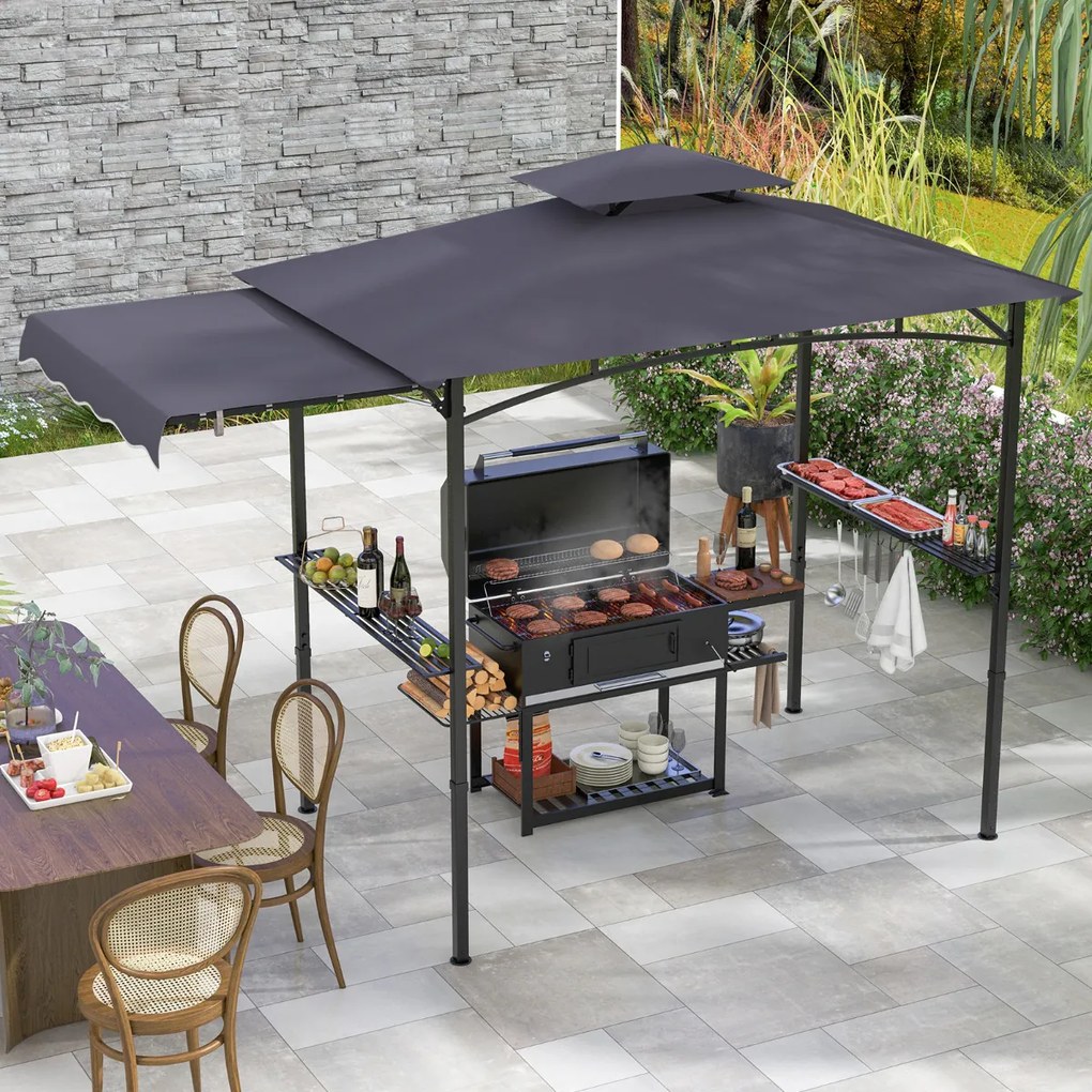 Tenda para Churrasco (Não Incluido) com grelha de 318 x 153 cm Toldo lateral Parte superior de 2 níveis 2 prateleiras laterais Estrutura em metal Cinz