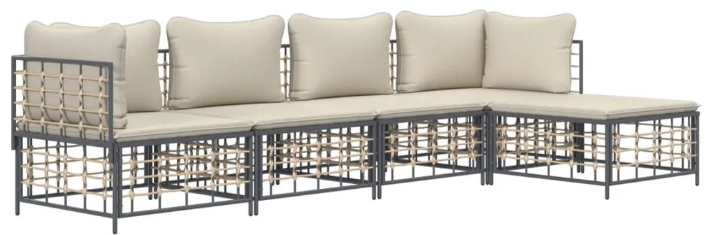 5 pcs conjunto lounge de jardim c/ almofadões vime PE antracite