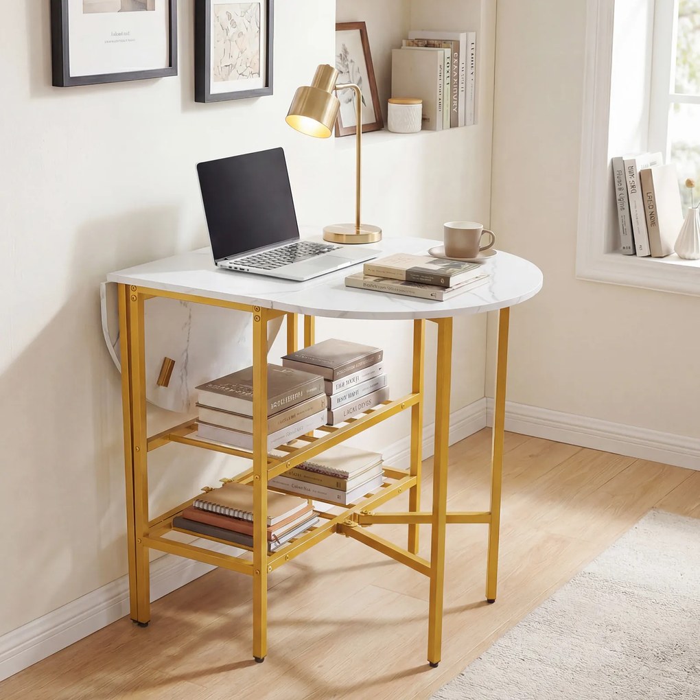 Mesa de jantar extensível e dobrável com 2 extensões rebatíveis 110 x 70 x 76 cm, 2 prateleiras de arrumação e Estrutura metálica para espaços pequeno